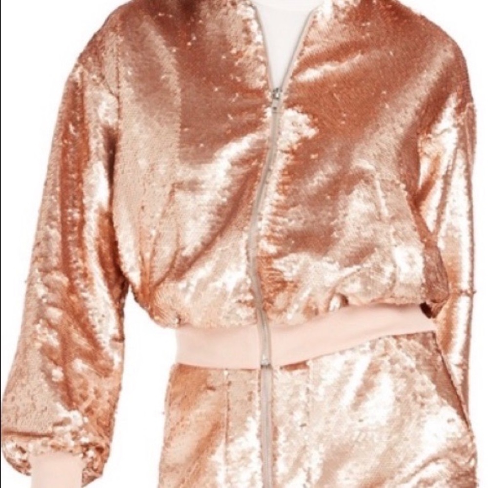 Bar III Rose Gold Sequin Bomber Jacket with Matching Skirt - NWT